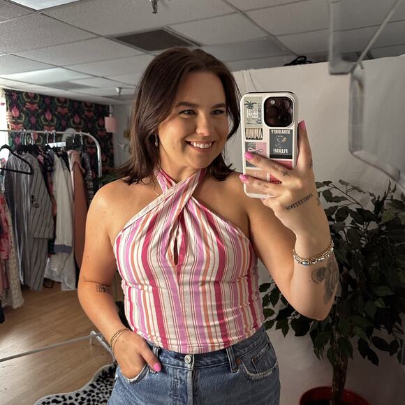 Loft Stripe Convertible Halter Tank Top Stripe Pink Size Small - Picture 1 of 7